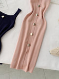 Summer Pink/Red/White/Black Women Knitted Dress Vintage High Waist Button Single-breasted Slim Casual Dress For Female