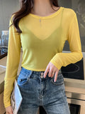 Korean Fashion Mesh T-shirts Women Vintage Transparent Tops for Women Loose White Transparent Office Lady