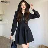 Zippers Women Dresses Mini Solid Korean Style Long Sleeve Elegant Leisure Soft Fashion Vintage Simple Streetwear