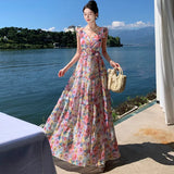 Zingj Floral Collar Dress Female Tea Break Seaside Vacation Senior Age Reduction Long Skirt Sanya Open Back Lace