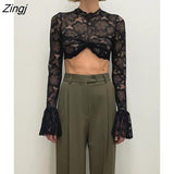 Lace See Through Petal Long Sleeve T-shirt Women Hollow Out O Neck Slim Patchwork Top Sheer Tees Fashion