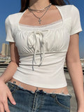 White Knitted Lac Patched Female T-shirts Y2K Korean Style Slim Tie Up Shirring Summer Top Tee Folds
