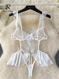Summer Strap Sheer Sexy Bodysuits Ruffles Hotsweet Mesh Erotic Nightwear Fashion Embroidery Backless Sensual