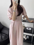Zingj Chic Summer Retro Small Fresh Round Collar Tie Waist Show Thin Pleated Bubble Sleeve Dress Long Skirt