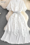 Women Pleated Midi Dress Purple/Red/White Stand Collar Short Flare Sleeve High Waist A-Line Ruffle Party Vestidos