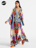 Women Vintage Print Spliced Lace Up Maxi Dress with ribbon Casual Loose V Neck Flare Sleeves Dresses Summer Lady Elegant