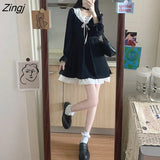 Gothic Lolita Black Dress Women Sweet Bow Square Collar Long Sleeve Midi Dress Female Korean Preppy Style Party