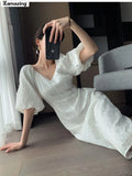 New Women Fashion Elegant Puff Sleeve Solid Midi Dresses Office Lady Female Slim Chic Clothes