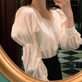 Shirts Solid Puff Sleeve Loose Princess Style Square Collar Ladies Party Wear Retro Korean Style Female New Spring