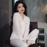 Women Pajamas Sets Sexy Lace Turn-Down Collar Pyjamas Sleep Suit Spring Summer Rayon Nightwear Casual Sleepwear Home