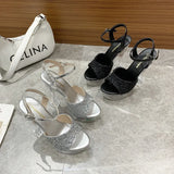Zingj Summer Style With Flower Sequins With Ultra High Heel Transparent Bottom Crystal Thick Heel Women's Singles Shoes Sandal Wedding Bridesmaid