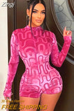 Women's Velvet Shorts Jumpsuit Ripple Print Gradient Round Neck Long Sleeve Invisible Zipper Closure Slim Playsuit