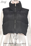 Fashion Autumn Stand Collar Cotton Vests Women Elegant Solid Simple Zipper Coats Women Casual High Waisted Vests