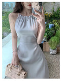 Elegant Backless Satin Midi Dresses for Women 2023 Korean Fashion Sleeveless Slim Evening Party Female Casual