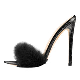 Onlymaker Peep Toe Mules Artificial Fur Slip On Gold White Thin High Sandals Big Size High Quality Summer Women Brand