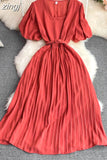 Vintage Pleated Midi Dress Women Green/Red/Blue Square Collar Puff Short Sleeve High Waist Draped Vestidos Female