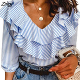Women Ruffles Blouse Tops Summer Short Sleeve Striped Print Office Lady Ruffle O Neck Loose Tops