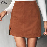 PETAL Faux Suede Mini Skirt For Woman Solid Brown Sexy Casual High Waist Bodycon Mini Skirt 2023 Spring Skirt