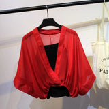 Two Piece Set Striped Chiffon Grid Summer Half Sleeve Loose V-Neck Floral Spring Cool Blouses Sweet Ladies Short Tops
