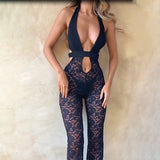 Summer 2023 New Fashionable Spicy Girls Slim And Hollow Deep V Lace Trousers Sexy Jumpsuit