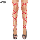 Women Girls Solid Sexy Lingerie Bandage Fishnet Stockings Thigh-High Rhinestone Leg