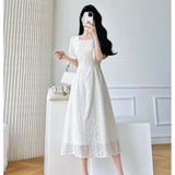 Lace Midi Dresses for Women 2023 New Summer French Embroidery Square Neck Short Sleeve Elegant Fashion Female