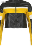 Streetwear Stripe Patchwork Moto Style PU Leather Jacket Female Winter Coat Zip Up Outwear Biker Racing Jackets