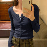 Short-Shouldered Long-Sleeved T-Shirt Women's New Autumn Cardigan Slim And Thin Round-Neck Bottomed