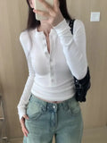 Single-Breasted White Long-Sleeved T-Shirt Women's Autumn New Stretch Slim Minority Bottomed