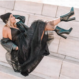 Onlymaker Women Ankle Boots Pointed Toe Black Matte Flock12CM Chunky Heel Platform Booties Party Shoes Large Size Short