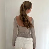 Zingj Low Round Collar Sexy Back Striped T Shirt Women's Slim Knit Long Sleeve Bottom
