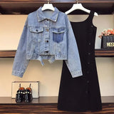Zingj 2024 New Large Size Women's Denim Jacket Dress Two Suits Age Reduction Show Thin And Loose Tide-Outfit