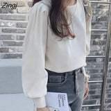 Solid Lantern Sleeve Blouse Women Fashion Casual Office Lady Chiffon White Shirt Tops Spring Korean O-neck Basic