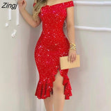Women Fashion Elegant Sexy Glitter Off Shoulder Ruffles Slit Midi Dress Sexy Party Solid Red Black Bodycon