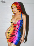 Gradient Streak Sexy Halter Mini Dresses Women Sleeveless V-Neck Backless Lace Up Bodycon Midnight Party Hip