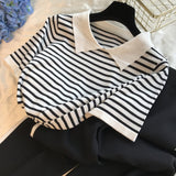 2024 Fashion Tracksuits Woment Striped Knit Pants Suit Casual Knitted Short-sleeved T-shirt + Long Pants 2 Piece