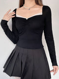 Sweet Chic Lace Trim Frill Spring Autumn Tee Shirts Slim Cute Ruched Cropped Tops Casual Basic Skinny T shirt