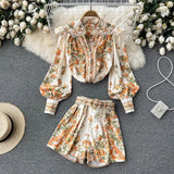 Fashion Spring Runway 2 Piece Sets For Women Turn Down Collar Floral Print Blouse And Shorts Suit Office Lady Outfits