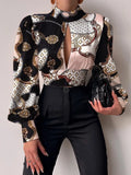 Standing Collar Long Sleeve Lantern Sleeve Backless Hollow Shirt In Spring and Summer Blouse Blouse Women Shirt and