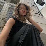 Black Mesh Spliced Design Short Sleeve Maxi Dress- Outfit