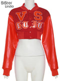 Letter Print PU Patchwork Y2K Varsity Jacket Women Casual Wild Buttons Tops Coats+High Waist Shorts Baseball