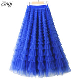 Tulle Long Skirts Womens Spring Summer Korean Style Solid High Waist A-Line Tutu Skirt Female Mesh Pleated Maxi