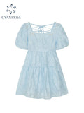 Sweet Dress Women Short Puff Sleeve Y2k Mini Dress Vintage Jacquard Kawaii Clothes One Piece Dresses 2022 Spring