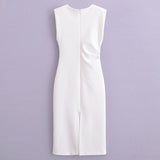 Spring Style Slim Waist Sleeveless Long Solid Color Midi Dress