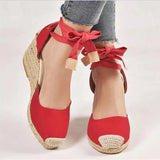 Summer New Large-Size Slopes And Women's Sandals Thick-Soled Buns Heel Heel Heel Tie Cloth Hemp Rope Sandals