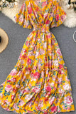 Women Floral Printed Long Dress Sexy V-Neck Short Sleeve High Waist Ruffle Beach Vacation Vestidos Female Maxi Robe