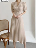 Women Elegant Casual Midi Dress Office Lady Puff Sleeve Pleated A-Line Dress 2022 Fashion