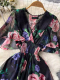 V-Necked Print Chiffon Dress Shows Lean Lotus Leaf Edge Short-Sleeved Waist First Love Fairy