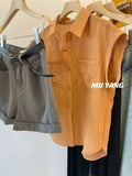 Chic Woman Blouse for Woman Korean Slightly Transparent Sleeveless Shirt Chiffon Orange Top Summer Women's Shirts