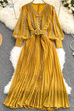 Women Lace Patchwork Pleated Chiffon Long Dress Autumn Winter Red/Black/Blue Draped Party Vestidos With Sashes Female Robe